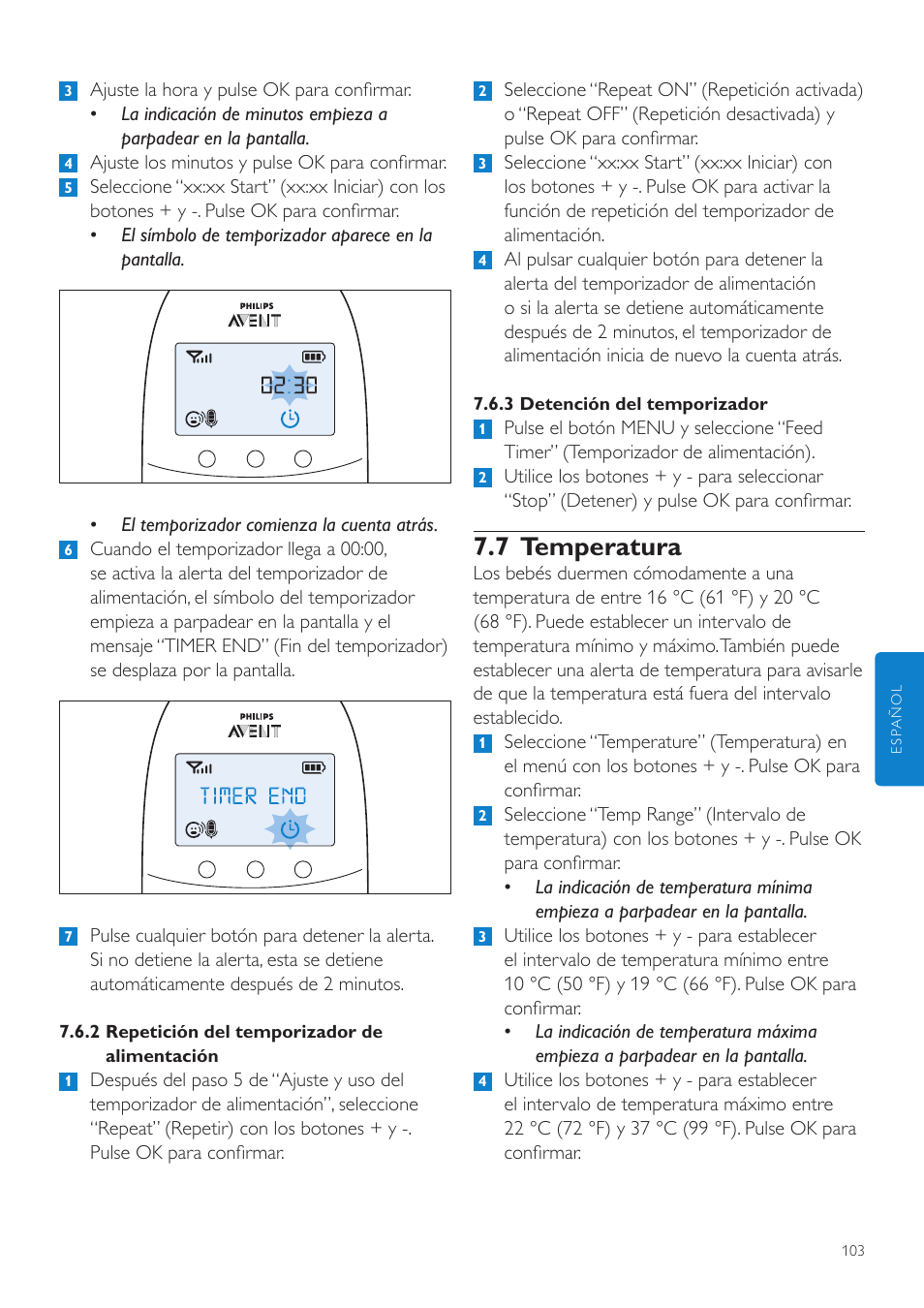 7 temperatura | Philips AVENT Écoute-bébé DECT User Manual | Page 103 / 294