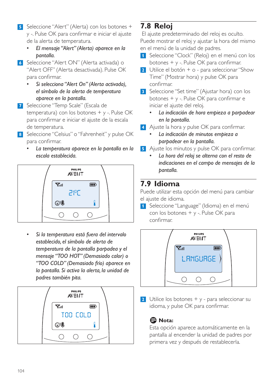 8 reloj, 9 idioma | Philips AVENT Écoute-bébé DECT User Manual | Page 104 / 294