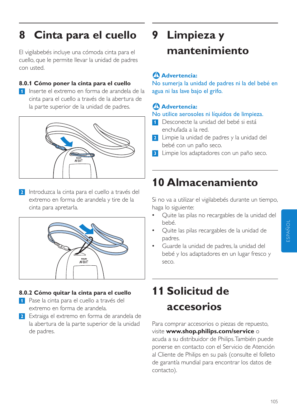 9 limpieza y mantenimiento, 10 almacenamiento, 11 solicitud de accesorios | 8 cinta para el cuello | Philips AVENT Écoute-bébé DECT User Manual | Page 105 / 294