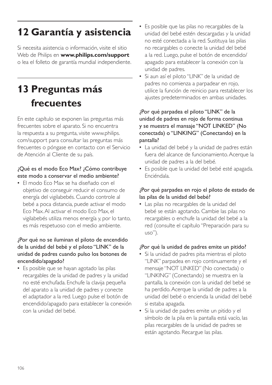 12 garantía y asistencia, 13 preguntas más frecuentes | Philips AVENT Écoute-bébé DECT User Manual | Page 106 / 294