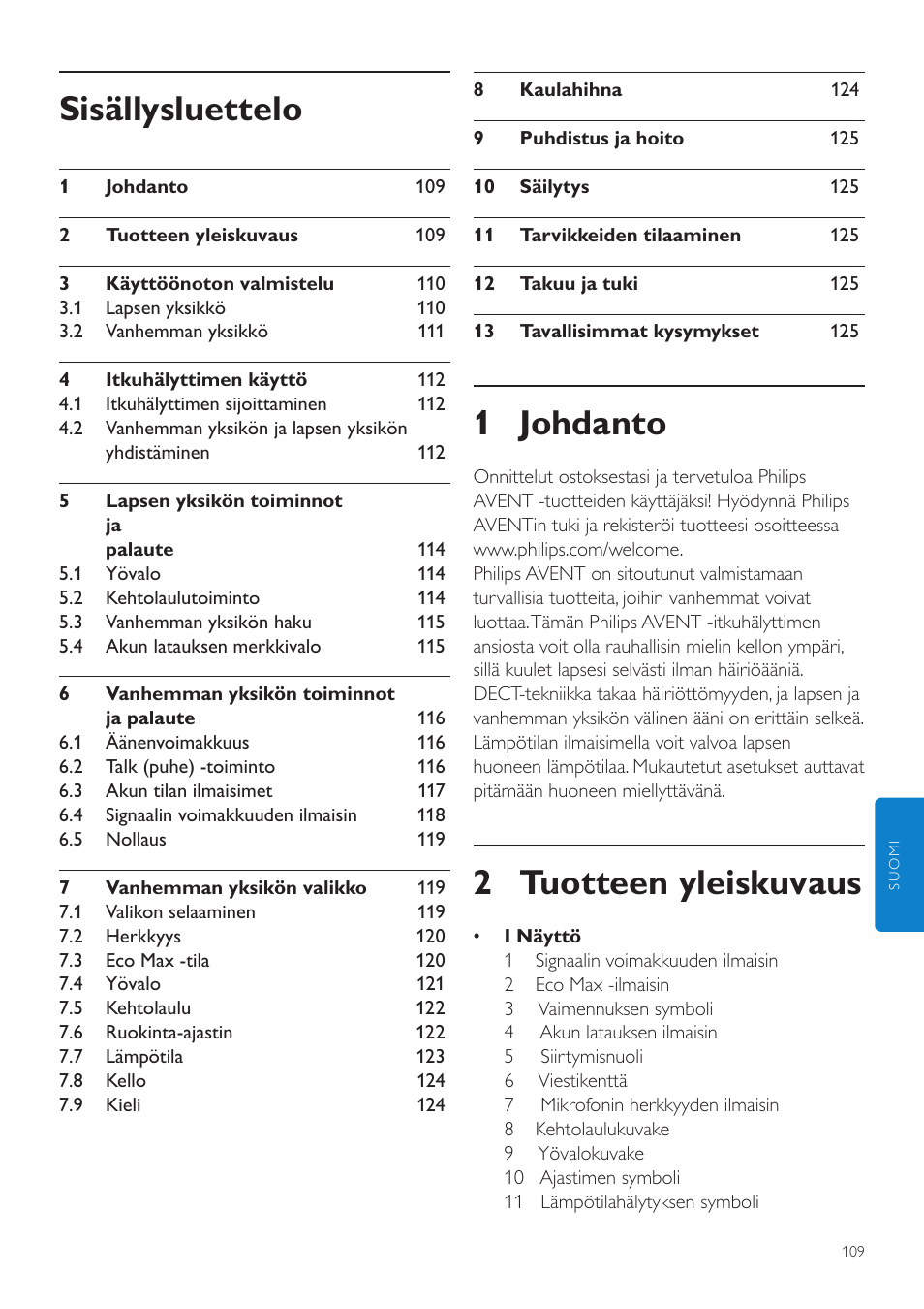 Suomi, Käyttöopas, 1 johdanto | 2 tuotteen yleiskuvaus, Sisällysluettelo | Philips AVENT Écoute-bébé DECT User Manual | Page 109 / 294