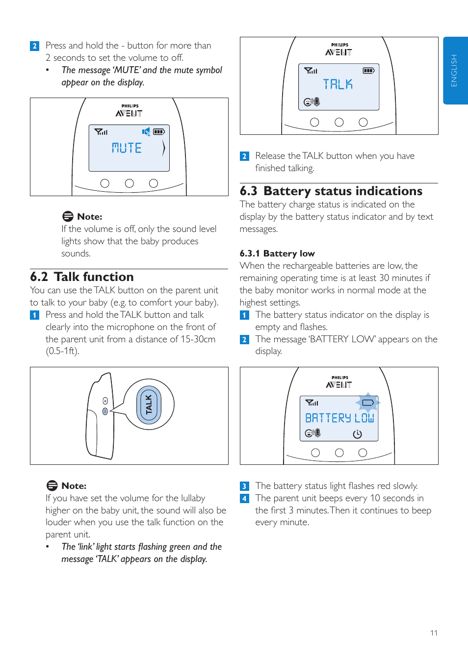 3 battery status indications, 2 talk function | Philips AVENT Écoute-bébé DECT User Manual | Page 11 / 294