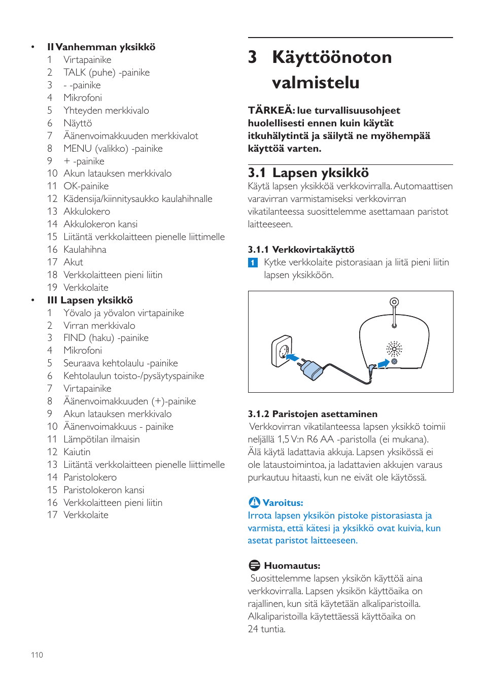 3 käyttöönoton valmistelu, 1 lapsen yksikkö | Philips AVENT Écoute-bébé DECT User Manual | Page 110 / 294