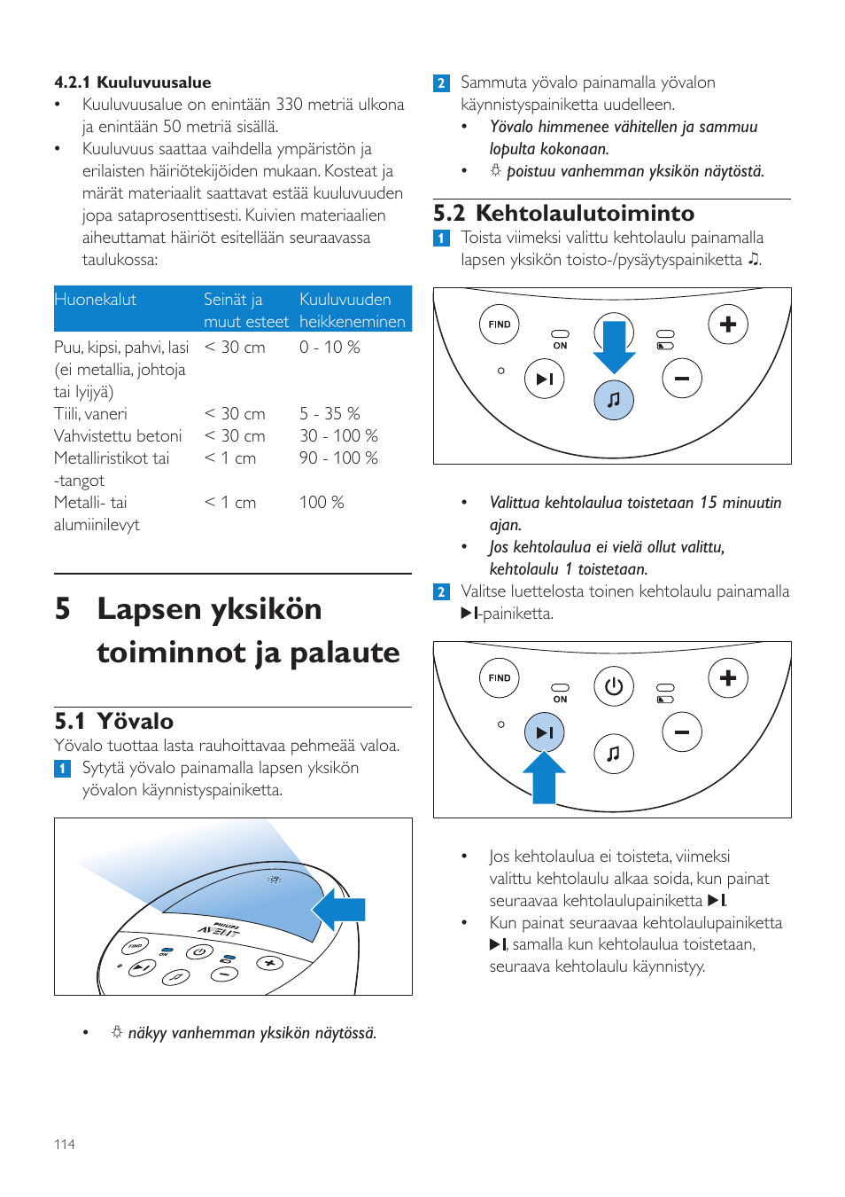 5 lapsen yksikön toiminnot ja palaute, 2 kehtolaulutoiminto, 1 yövalo | Philips AVENT Écoute-bébé DECT User Manual | Page 114 / 294