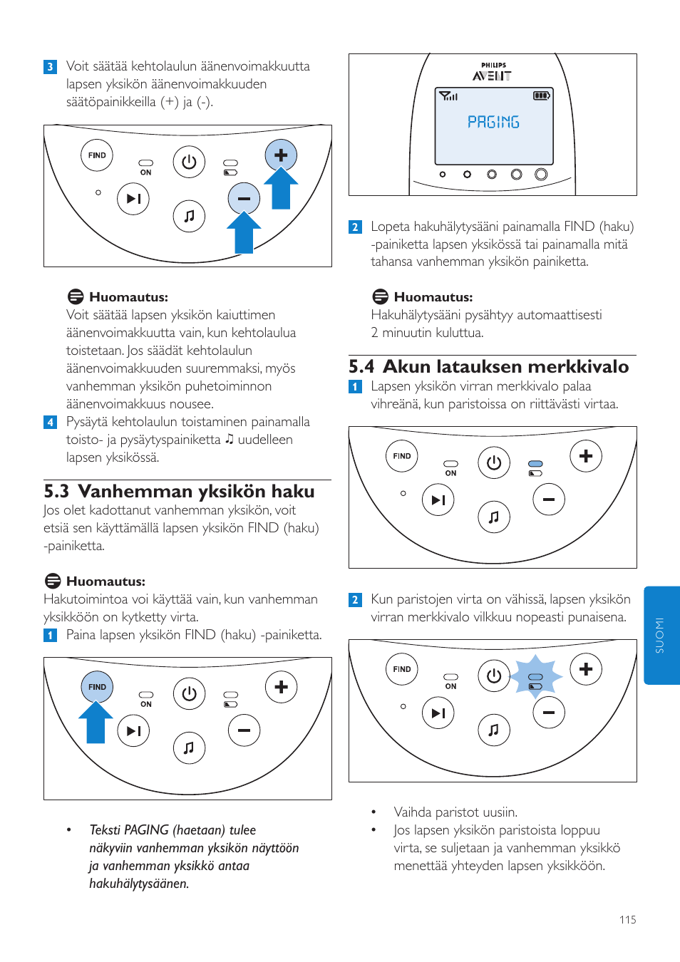 4 akun latauksen merkkivalo, 3 vanhemman yksikön haku | Philips AVENT Écoute-bébé DECT User Manual | Page 115 / 294