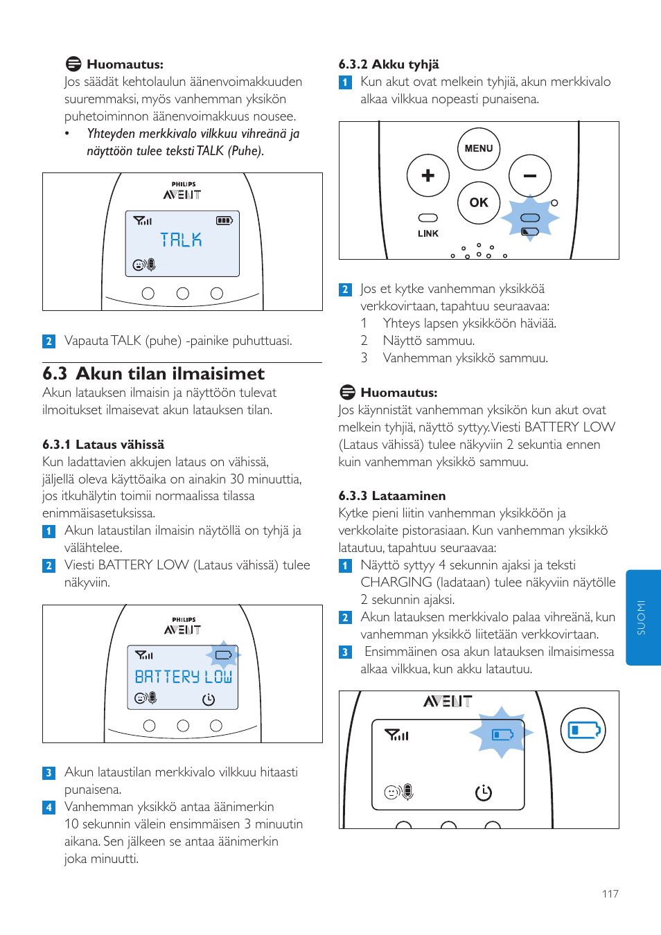 3 akun tilan ilmaisimet | Philips AVENT Écoute-bébé DECT User Manual | Page 117 / 294