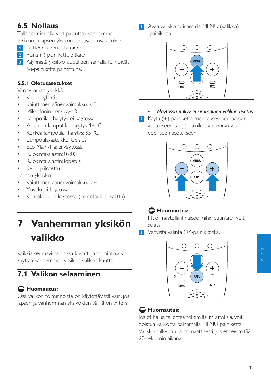 7 vanhemman yksikön valikko, 5 nollaus, 1 valikon selaaminen | Philips AVENT Écoute-bébé DECT User Manual | Page 119 / 294