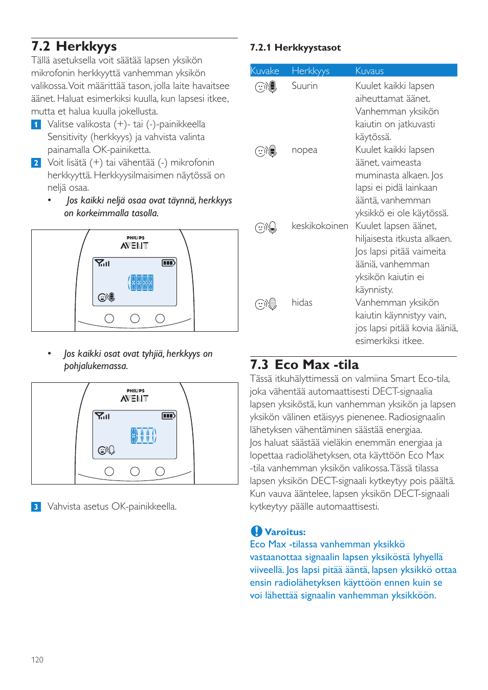 3 eco max -tila, 2 herkkyys | Philips AVENT Écoute-bébé DECT User Manual | Page 120 / 294