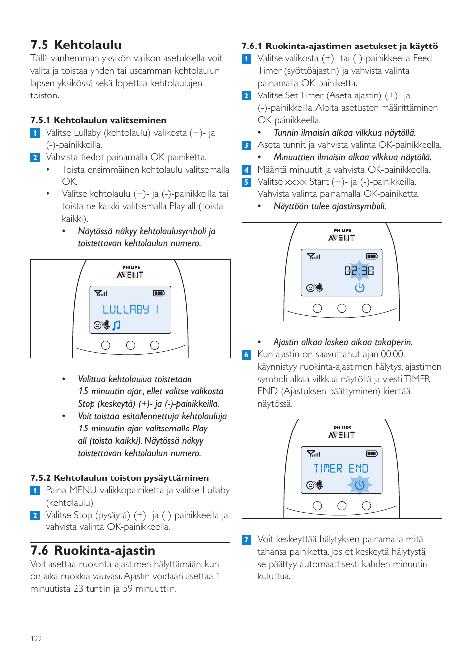 5 kehtolaulu, 6 ruokinta-ajastin | Philips AVENT Écoute-bébé DECT User Manual | Page 122 / 294