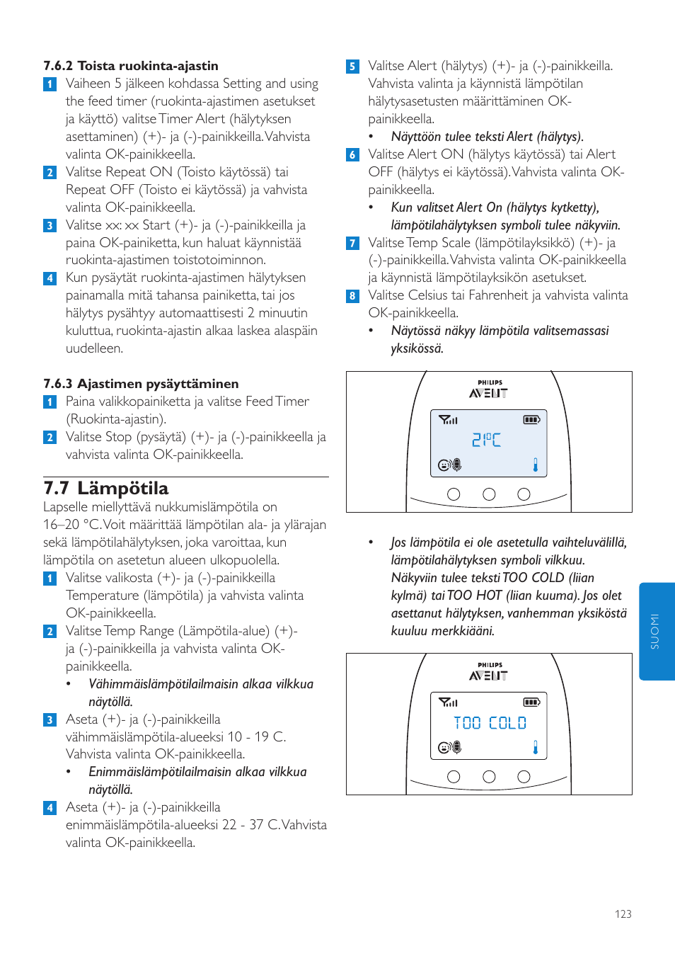 7 lämpötila | Philips AVENT Écoute-bébé DECT User Manual | Page 123 / 294