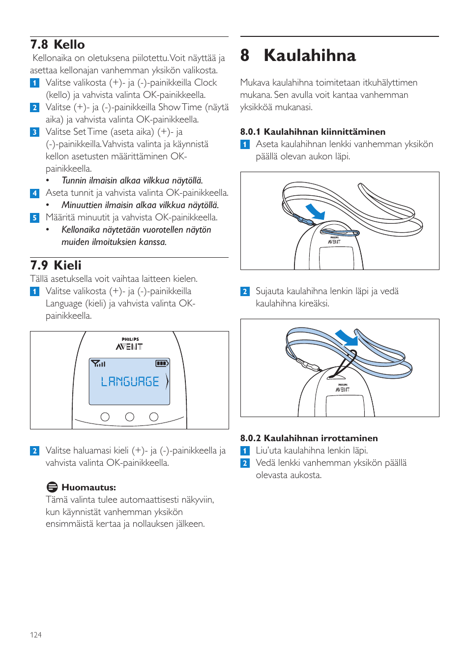 8 kaulahihna, 8 kello, 9 kieli | Philips AVENT Écoute-bébé DECT User Manual | Page 124 / 294