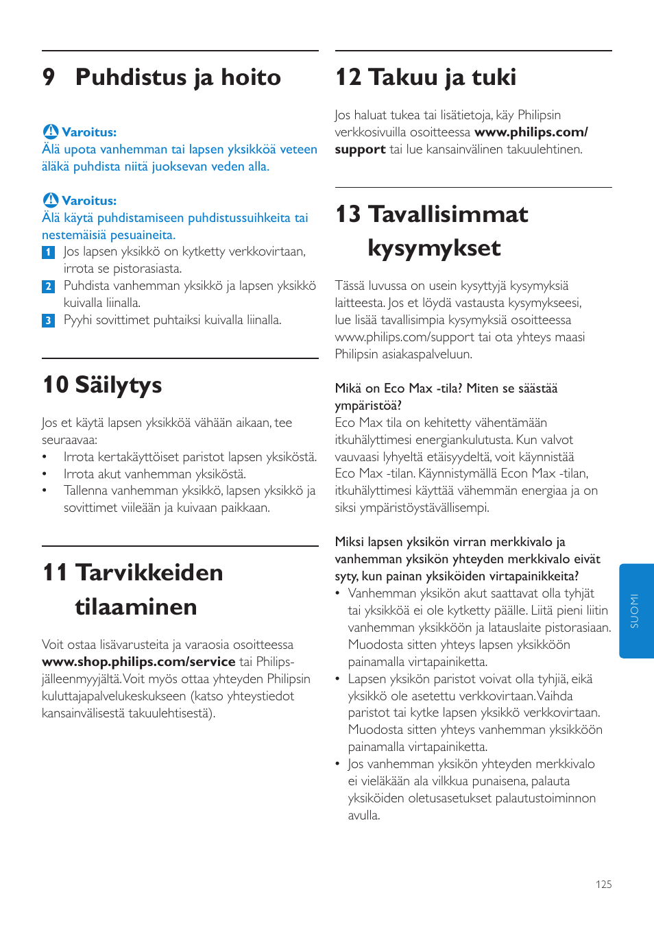 12 takuu ja tuki, 13 tavallisimmat kysymykset, 9 puhdistus ja hoito | 10 säilytys, 11 tarvikkeiden tilaaminen | Philips AVENT Écoute-bébé DECT User Manual | Page 125 / 294