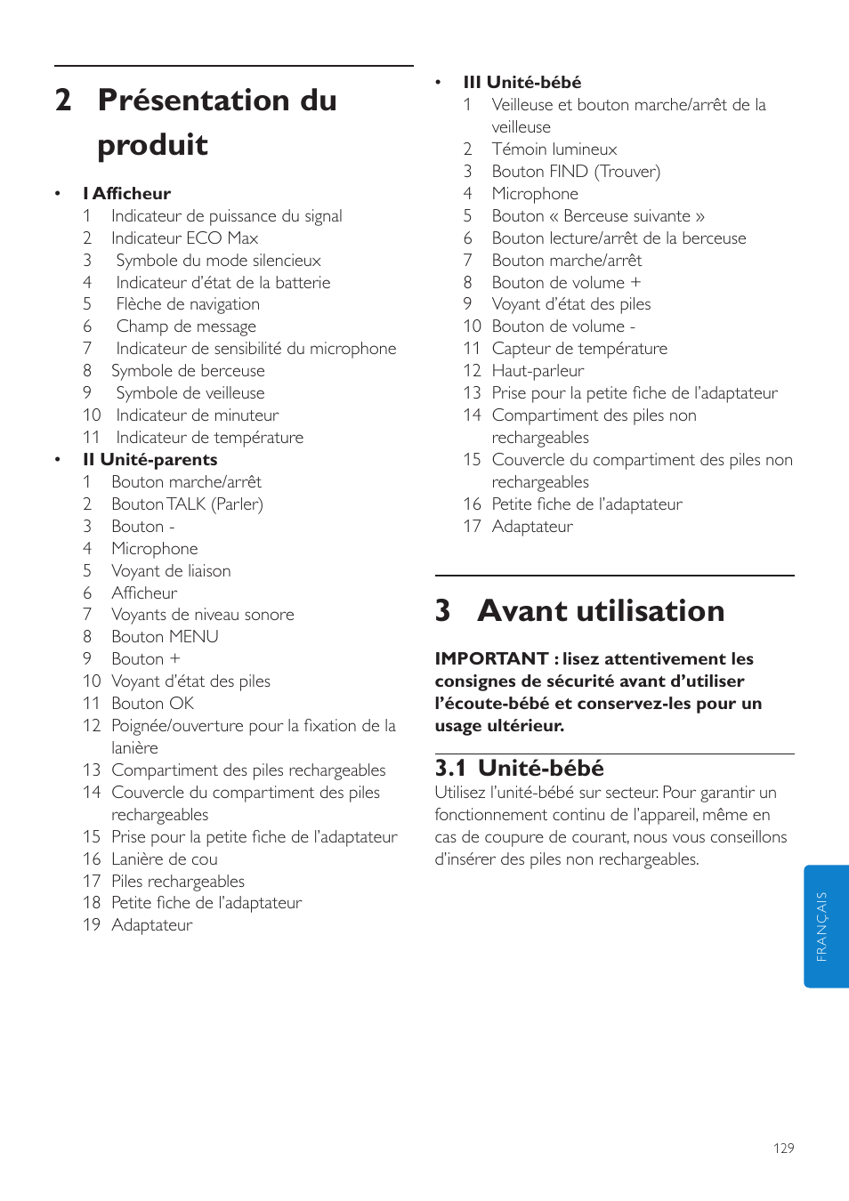 3 avant utilisation, 2 présentation du produit, 1 unité-bébé | Philips AVENT Écoute-bébé DECT User Manual | Page 129 / 294