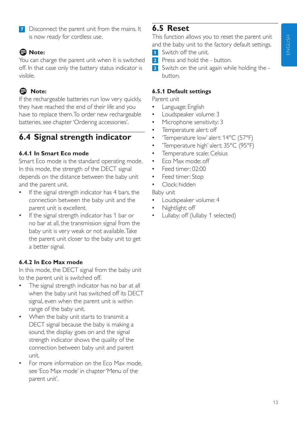 5 reset, 4 signal strength indicator | Philips AVENT Écoute-bébé DECT User Manual | Page 13 / 294