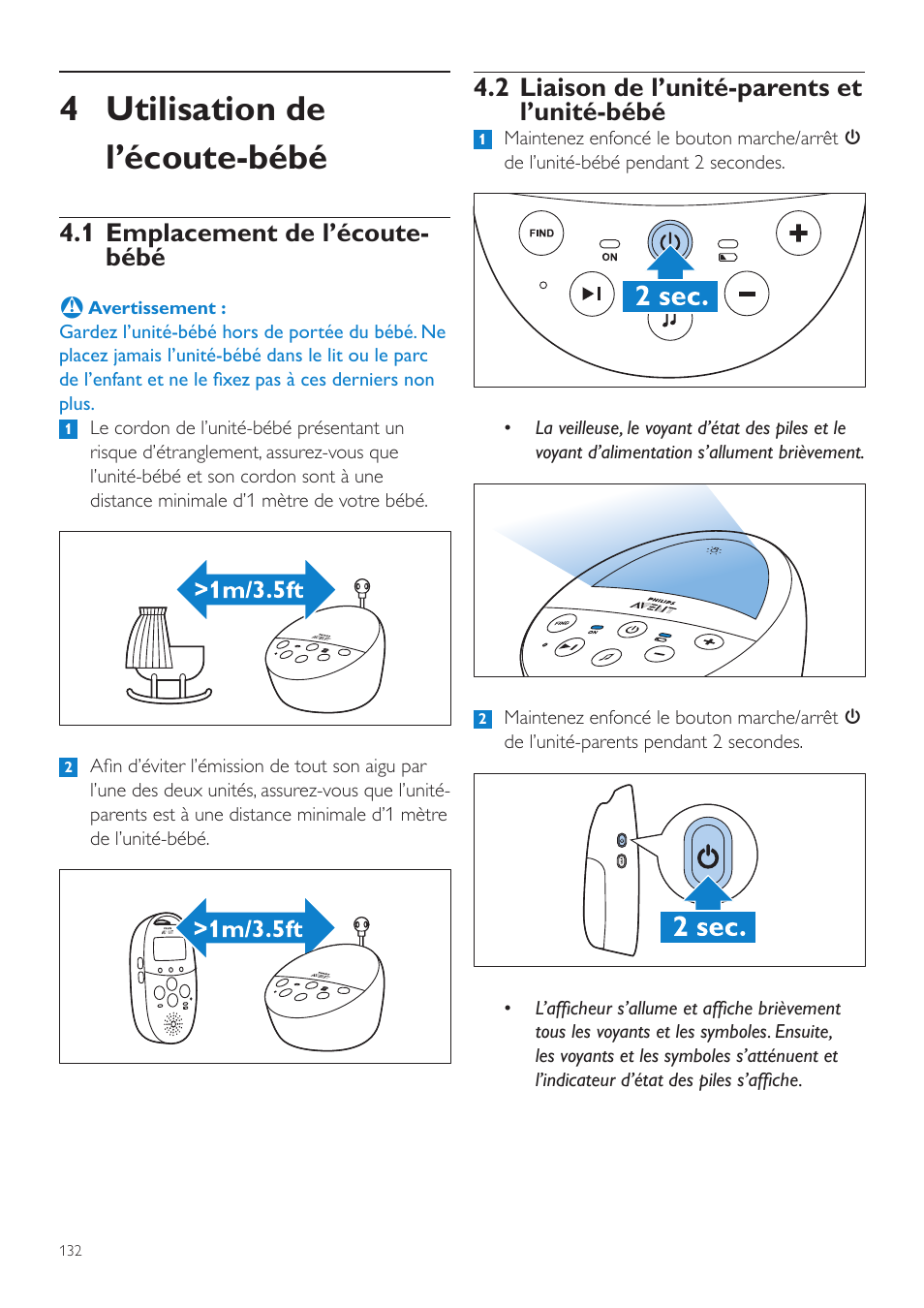 4 utilisation de l’écoute-bébé, 2 liaison de l’unité-parents et l’unité-bébé, 1 emplacement de l’écoute- bébé | Philips AVENT Écoute-bébé DECT User Manual | Page 132 / 294