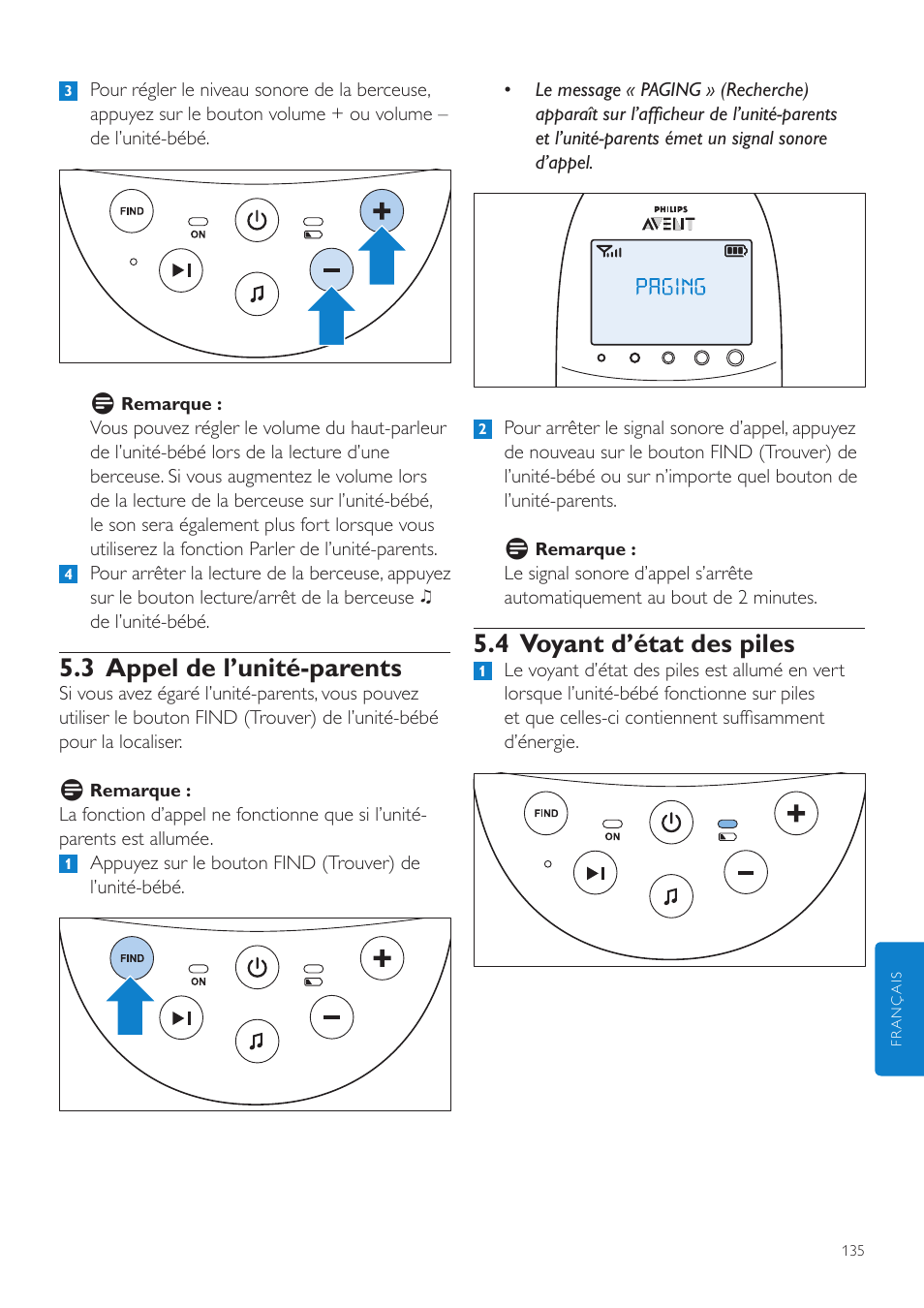 4 voyant d’état des piles, 3 appel de l’unité-parents | Philips AVENT Écoute-bébé DECT User Manual | Page 135 / 294