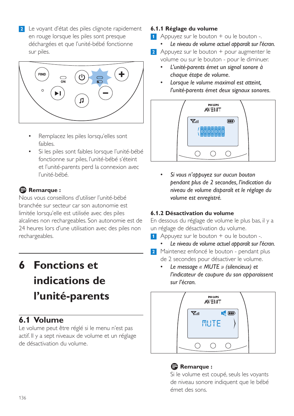 6 fonctions et indications de l’unité-parents, 1 volume | Philips AVENT Écoute-bébé DECT User Manual | Page 136 / 294