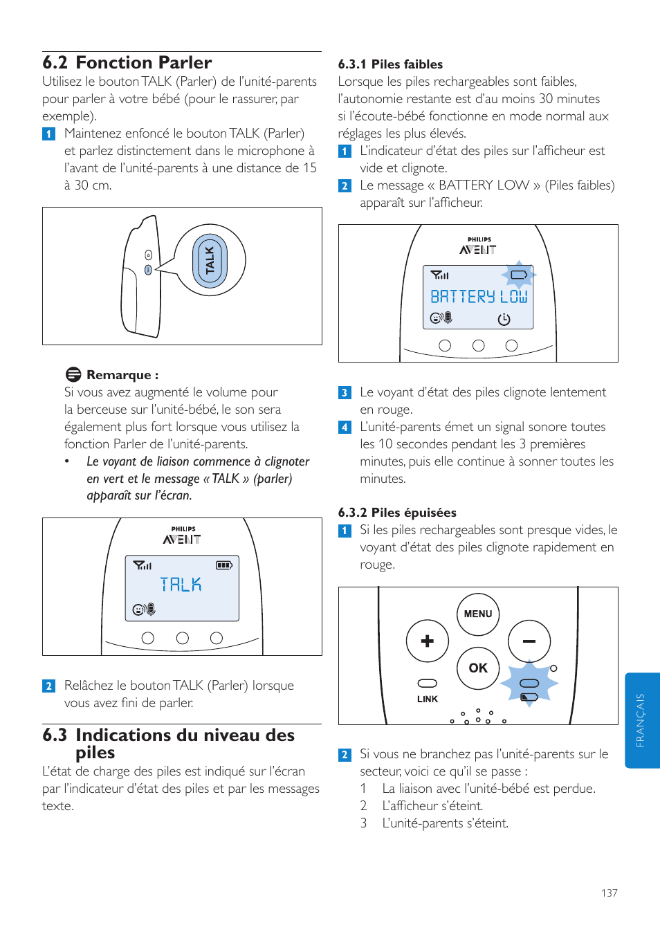 2 fonction parler, 3 indications du niveau des piles | Philips AVENT Écoute-bébé DECT User Manual | Page 137 / 294