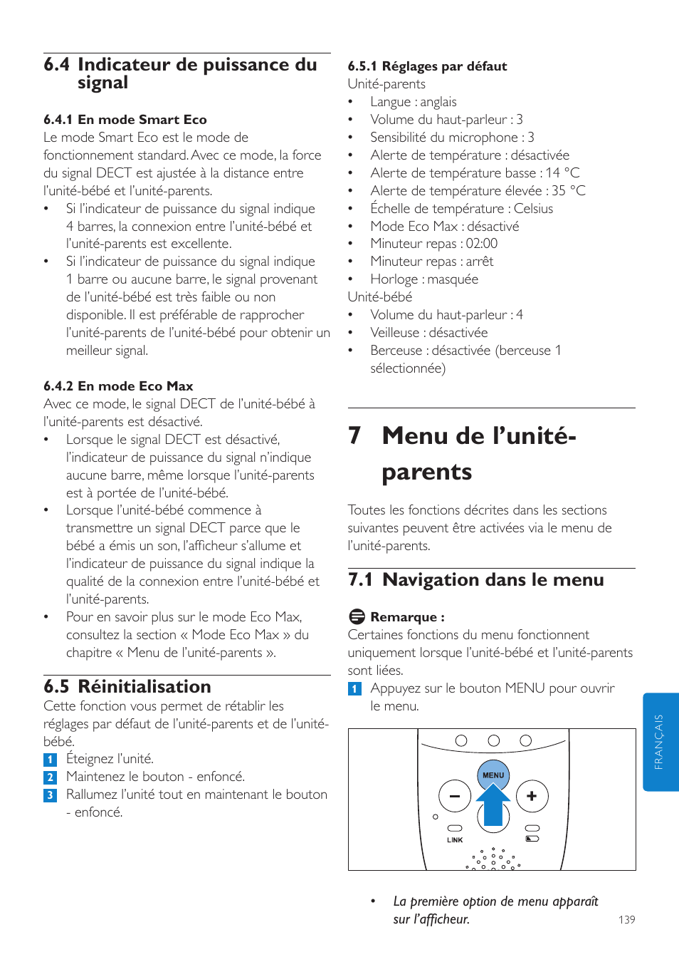 7 menu de l’unité- parents, 1 navigation dans le menu, 4 indicateur de puissance du signal | 5 réinitialisation | Philips AVENT Écoute-bébé DECT User Manual | Page 139 / 294