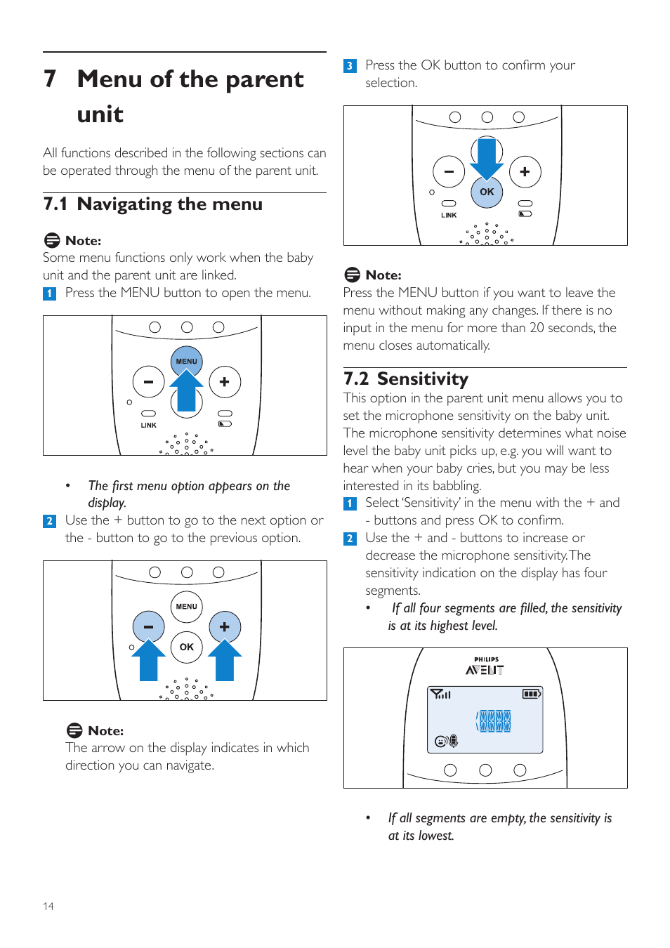 7 menu of the parent unit, 2 sensitivity, 1 navigating the menu | Philips AVENT Écoute-bébé DECT User Manual | Page 14 / 294