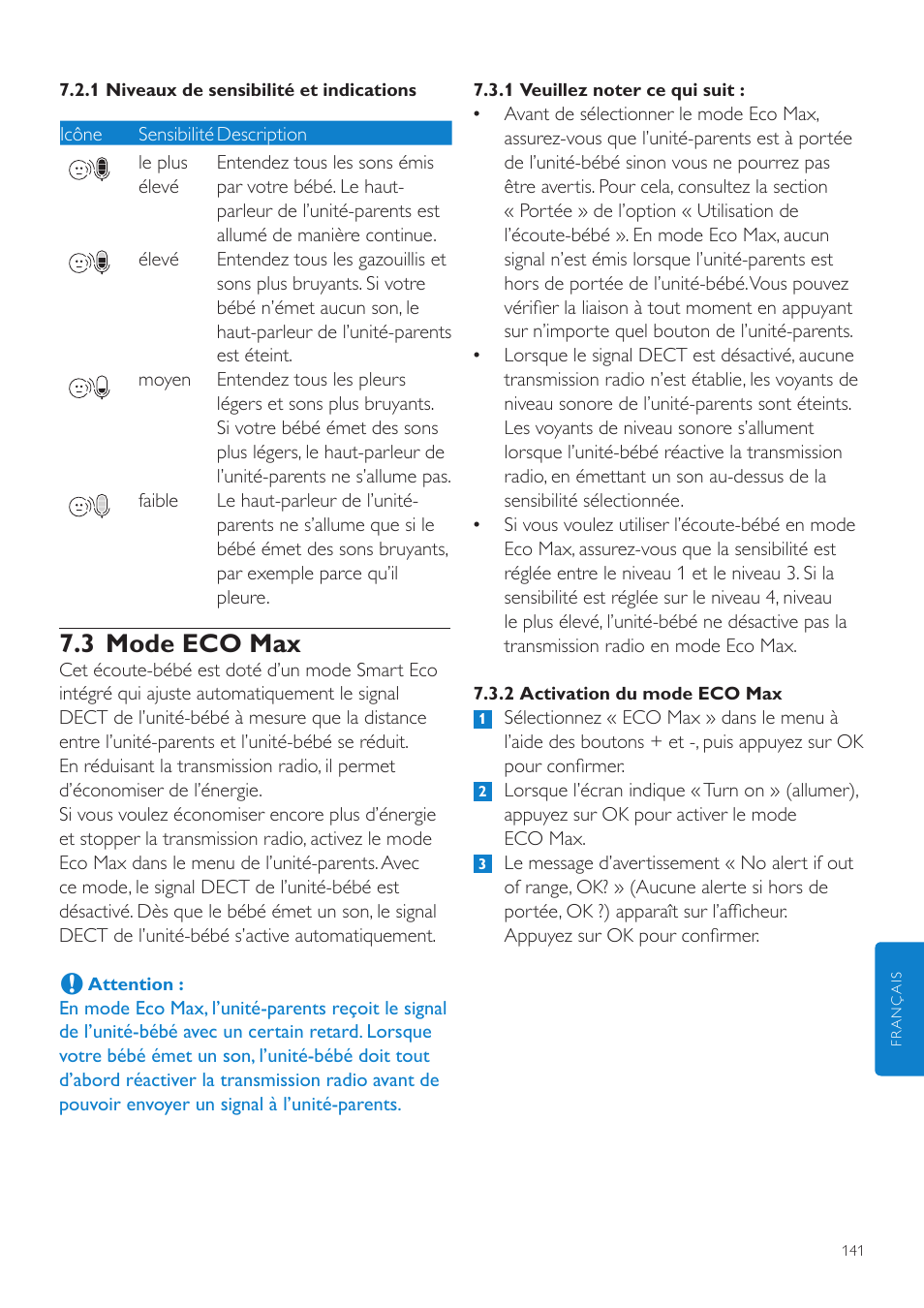 3 mode eco max | Philips AVENT Écoute-bébé DECT User Manual | Page 141 / 294