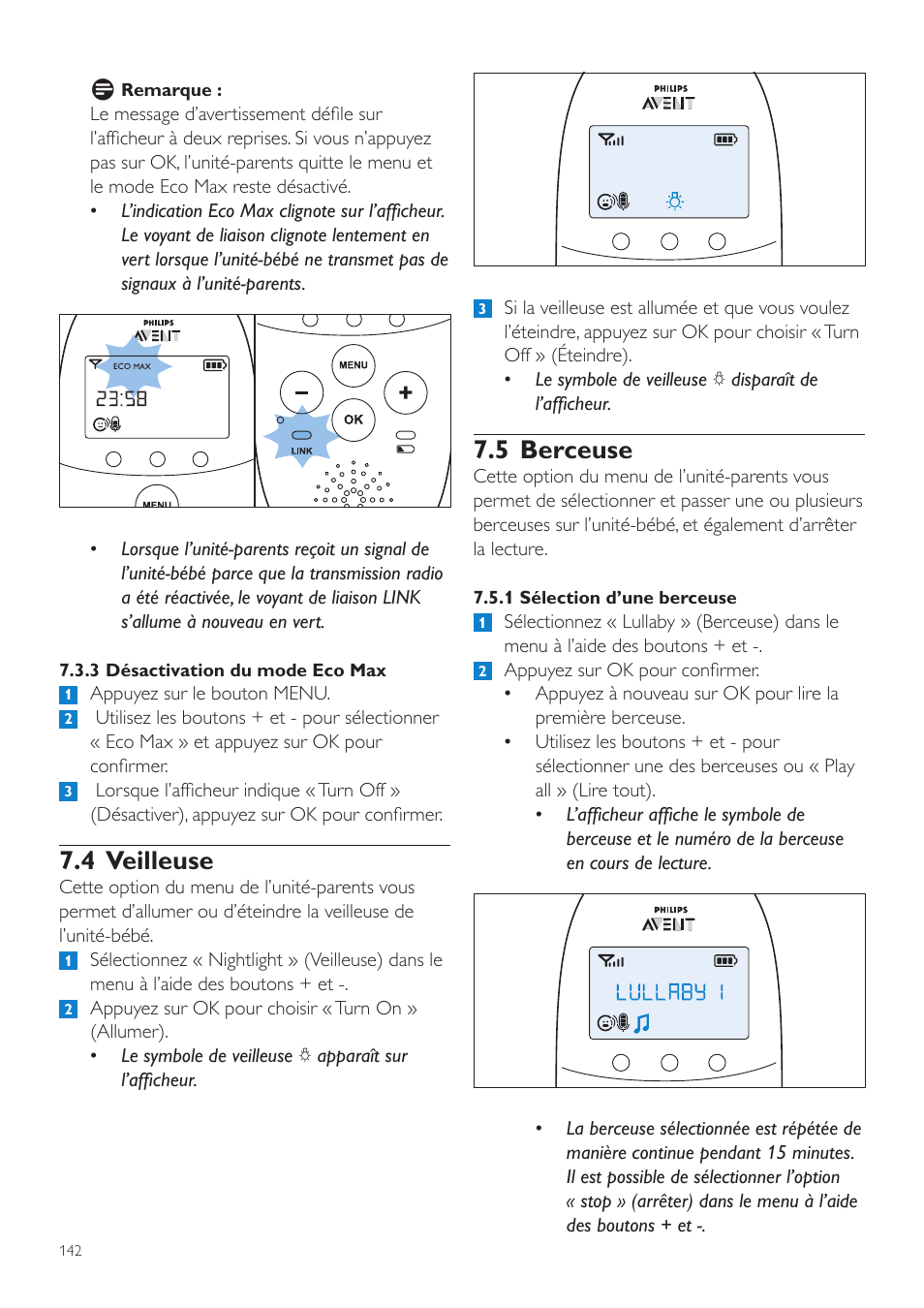 5 berceuse, 4 veilleuse | Philips AVENT Écoute-bébé DECT User Manual | Page 142 / 294