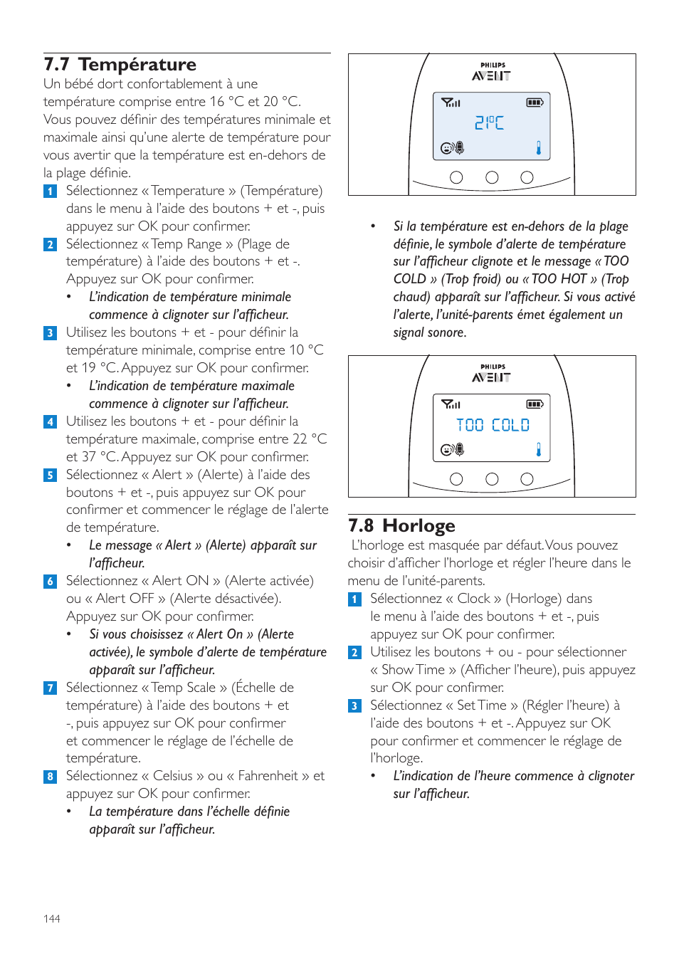 8 horloge, 7 température | Philips AVENT Écoute-bébé DECT User Manual | Page 144 / 294