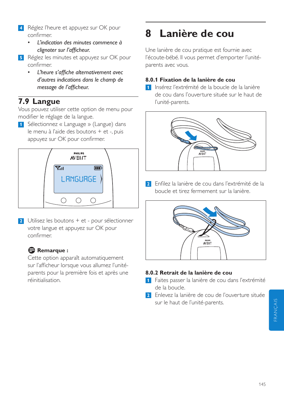 8 lanière de cou, 9 langue | Philips AVENT Écoute-bébé DECT User Manual | Page 145 / 294