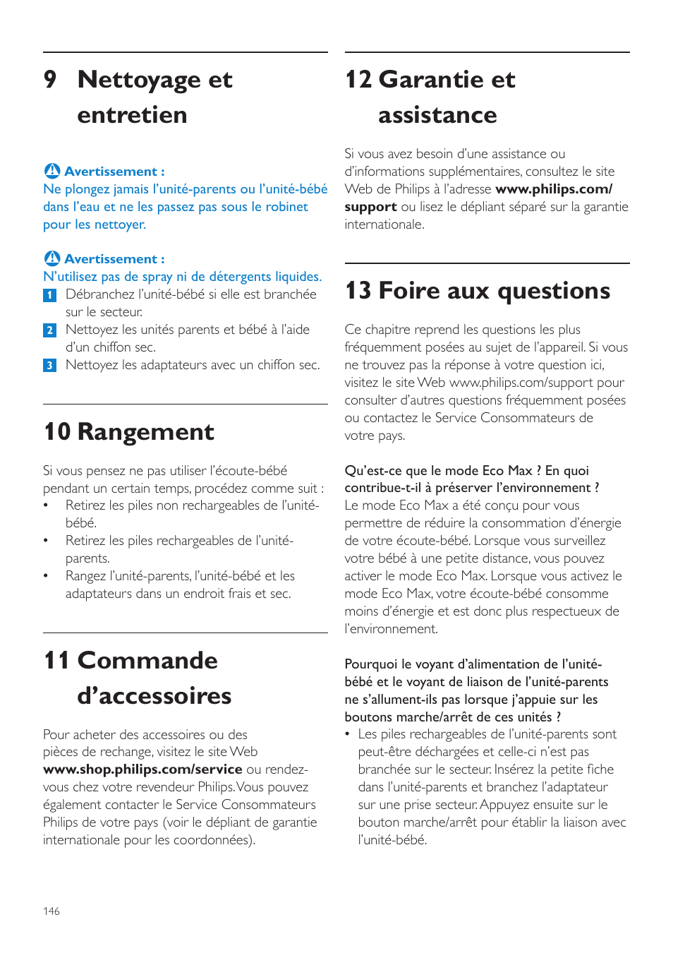 12 garantie et assistance, 13 foire aux questions, 9 nettoyage et entretien | 10 rangement, 11 commande d’accessoires | Philips AVENT Écoute-bébé DECT User Manual | Page 146 / 294