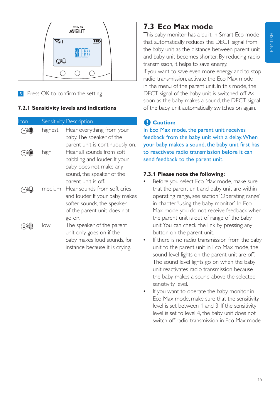 3 eco max mode | Philips AVENT Écoute-bébé DECT User Manual | Page 15 / 294