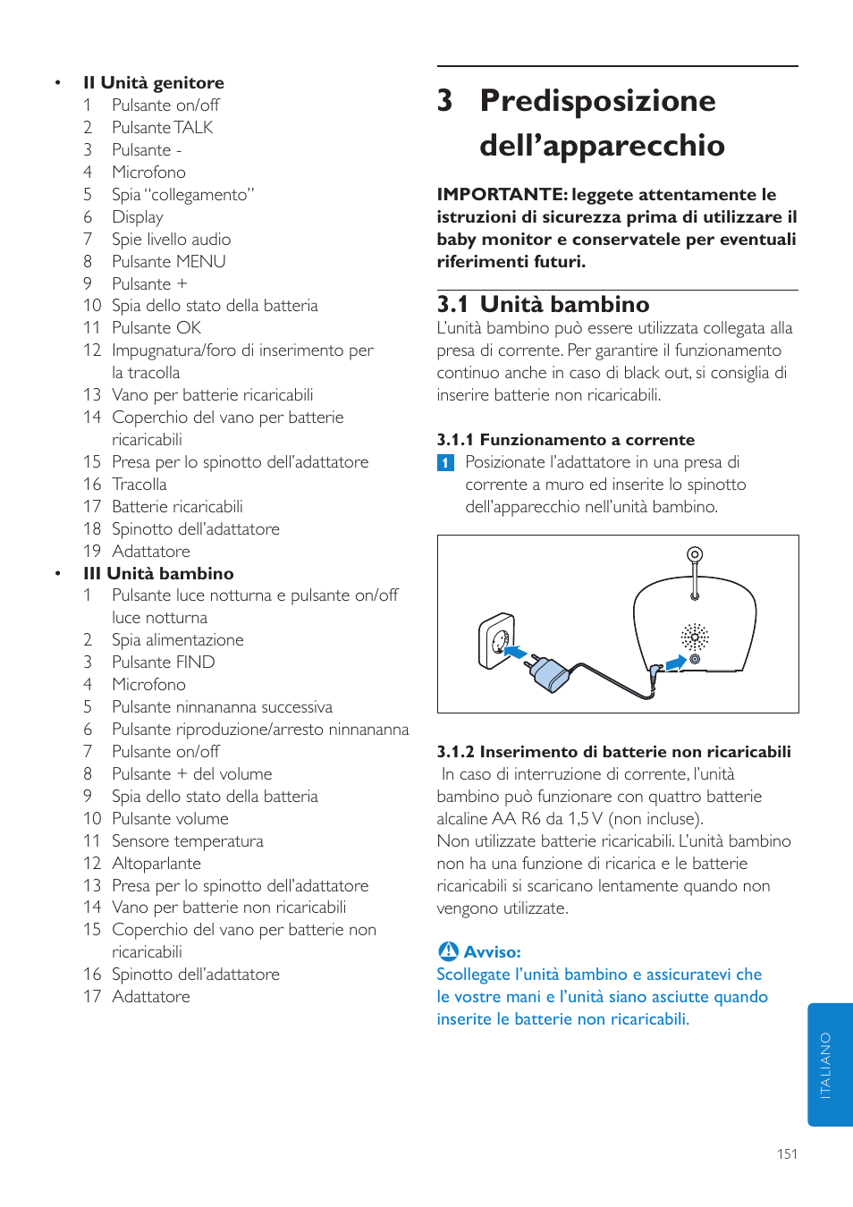 3 predisposizione dell’apparecchio, 1 unità bambino | Philips AVENT Écoute-bébé DECT User Manual | Page 151 / 294