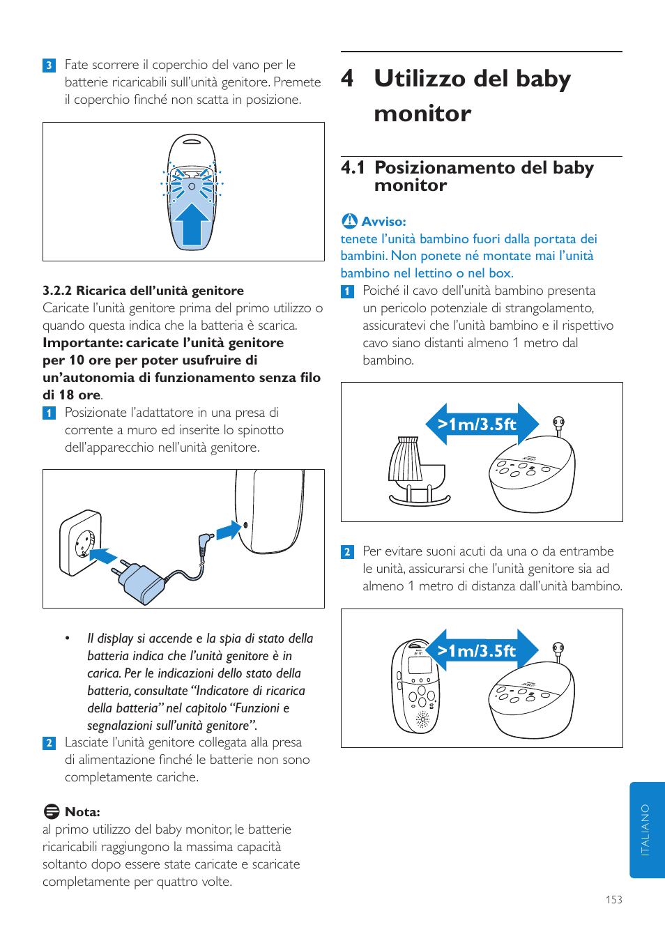 4 utilizzo del baby monitor, 1 posizionamento del baby monitor | Philips AVENT Écoute-bébé DECT User Manual | Page 153 / 294