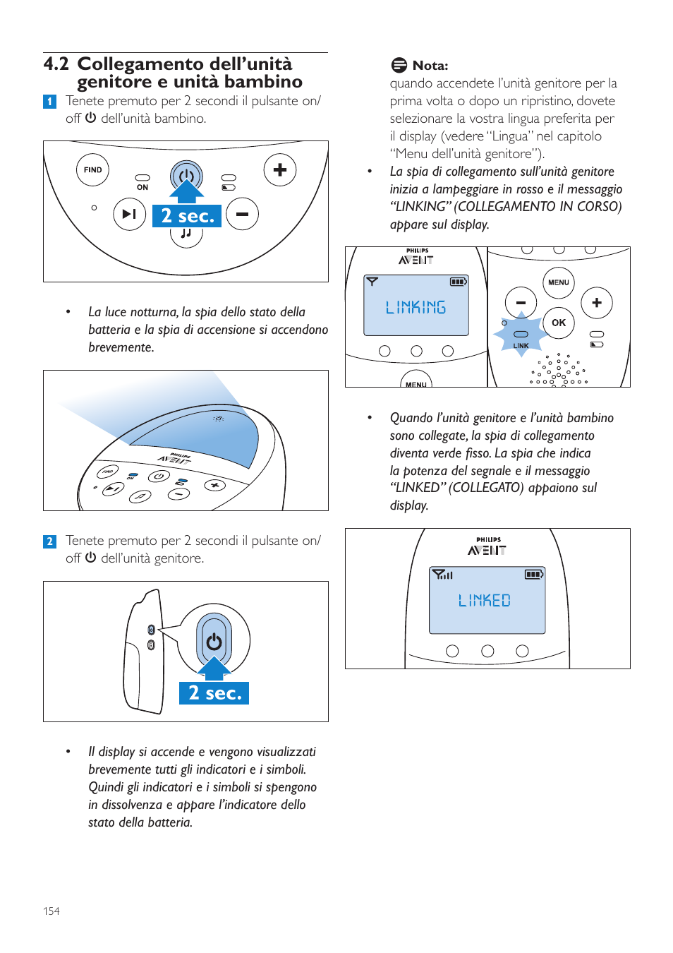 2 collegamento dell’unità genitore e unità bambino | Philips AVENT Écoute-bébé DECT User Manual | Page 154 / 294