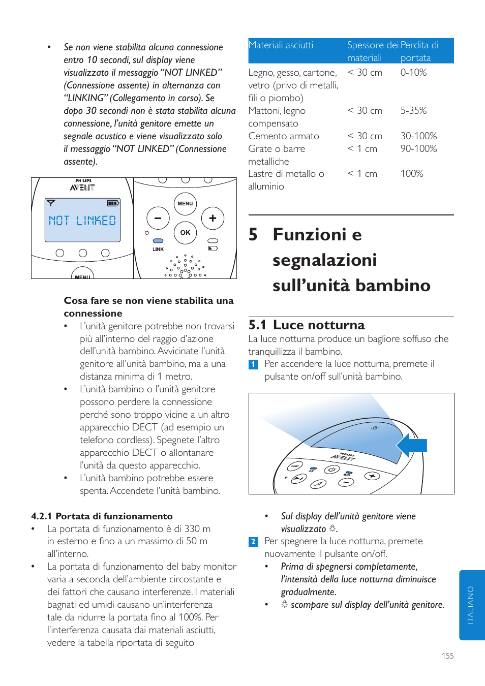 5 funzioni e segnalazioni sull’unità bambino, 1 luce notturna | Philips AVENT Écoute-bébé DECT User Manual | Page 155 / 294