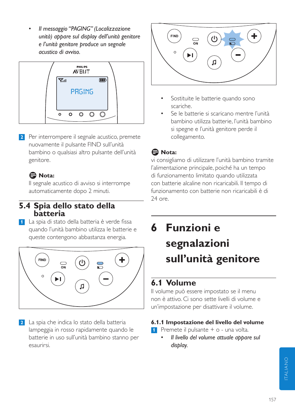 6 funzioni e segnalazioni sull’unità genitore, 1 volume, 4 spia dello stato della batteria | Philips AVENT Écoute-bébé DECT User Manual | Page 157 / 294