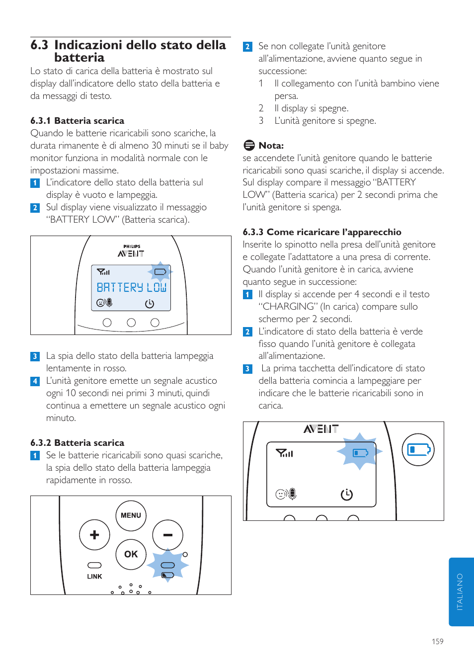 3 indicazioni dello stato della batteria | Philips AVENT Écoute-bébé DECT User Manual | Page 159 / 294