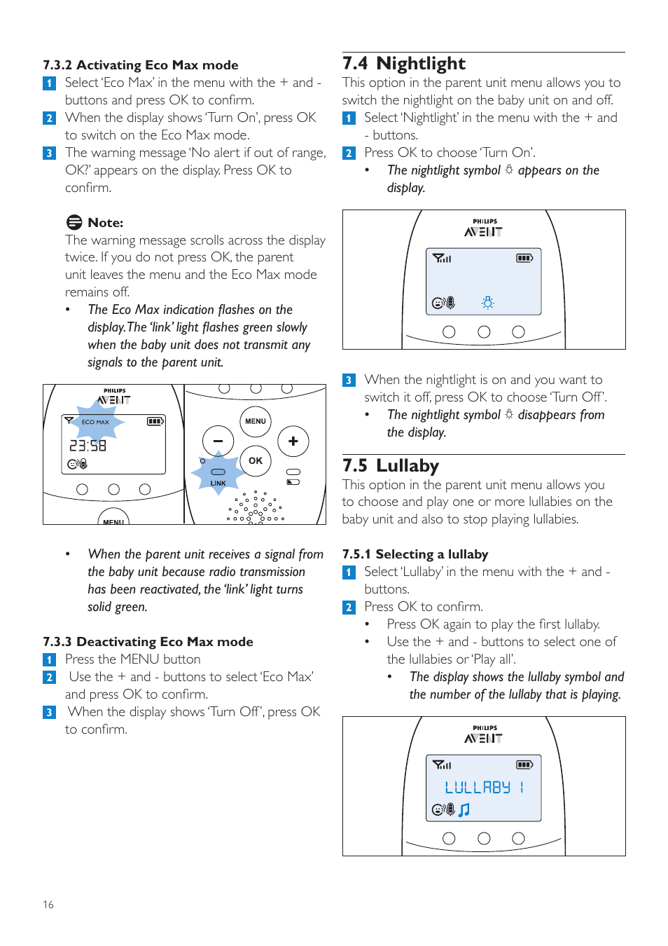4 nightlight, 5 lullaby | Philips AVENT Écoute-bébé DECT User Manual | Page 16 / 294