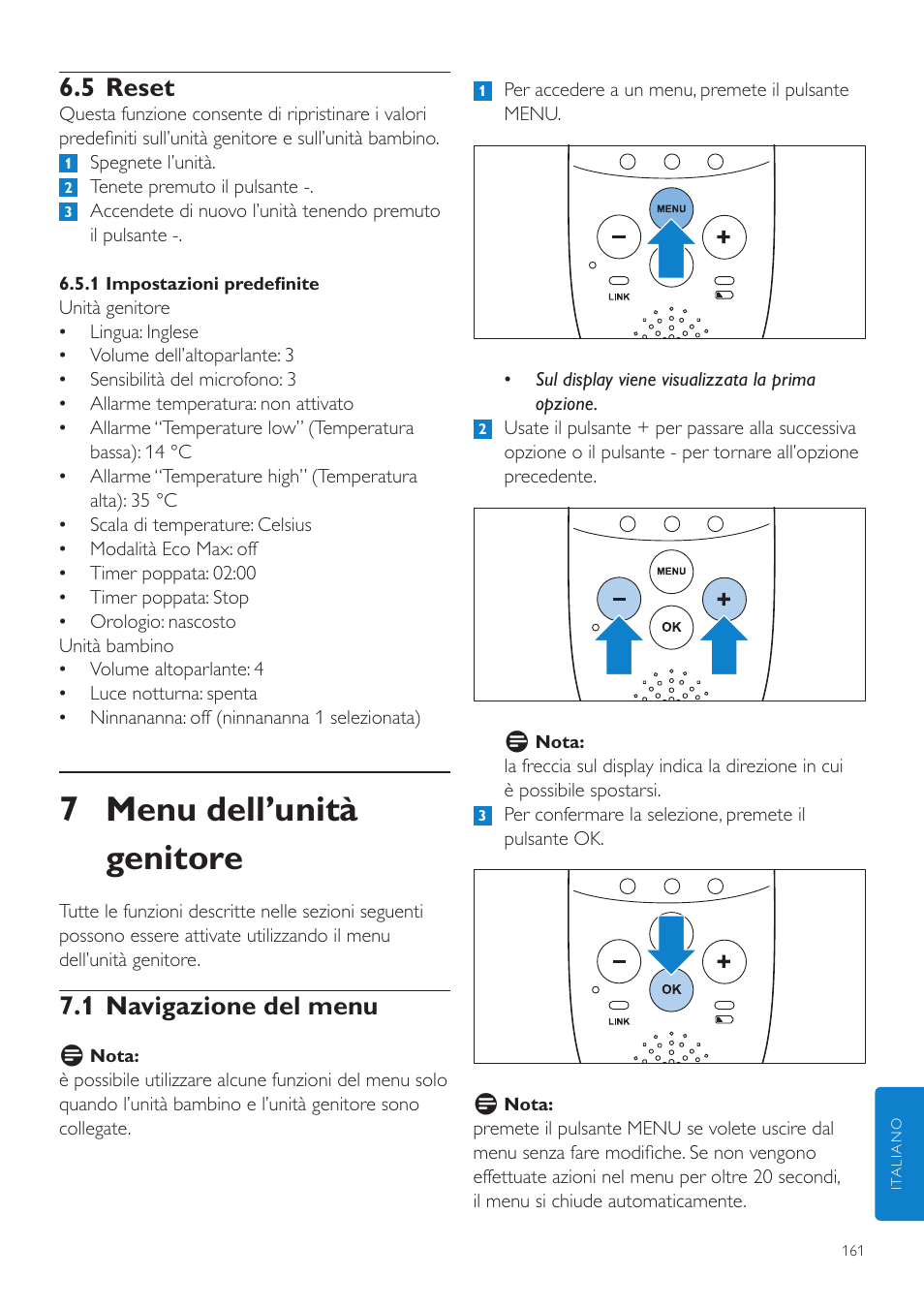 7 menu dell’unità genitore, 5 reset, 1 navigazione del menu | Philips AVENT Écoute-bébé DECT User Manual | Page 161 / 294