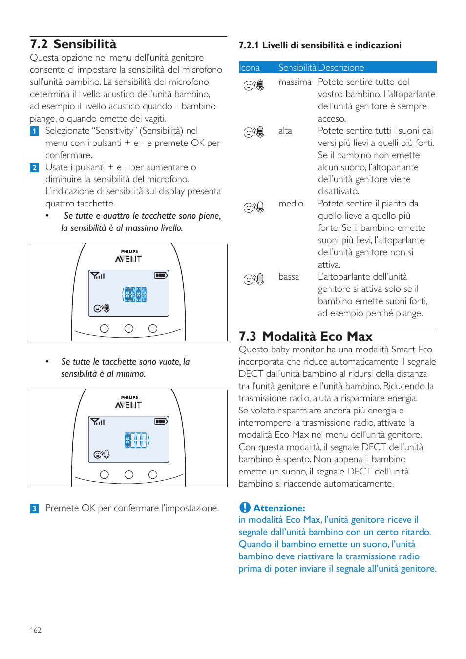 3 modalità eco max, 2 sensibilità | Philips AVENT Écoute-bébé DECT User Manual | Page 162 / 294