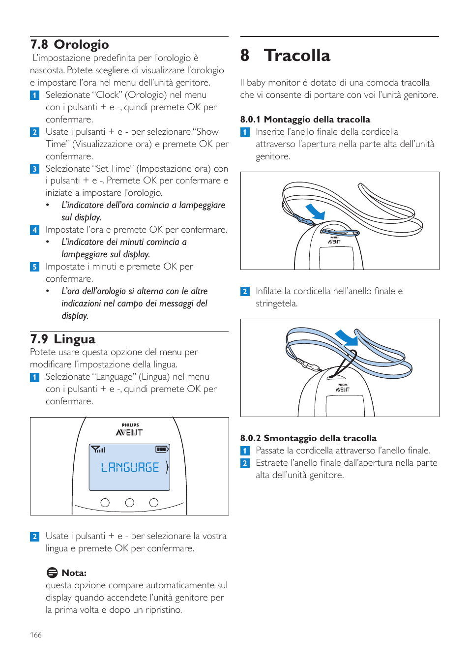 8 tracolla, 8 orologio, 9 lingua | Philips AVENT Écoute-bébé DECT User Manual | Page 166 / 294