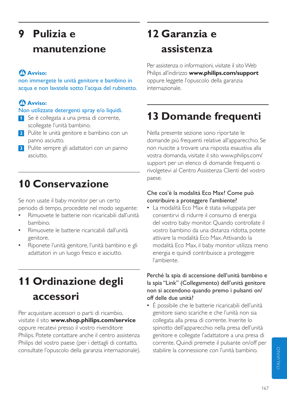 12 garanzia e assistenza, 13 domande frequenti, 9 pulizia e manutenzione | 10 conservazione, 11 ordinazione degli accessori | Philips AVENT Écoute-bébé DECT User Manual | Page 167 / 294