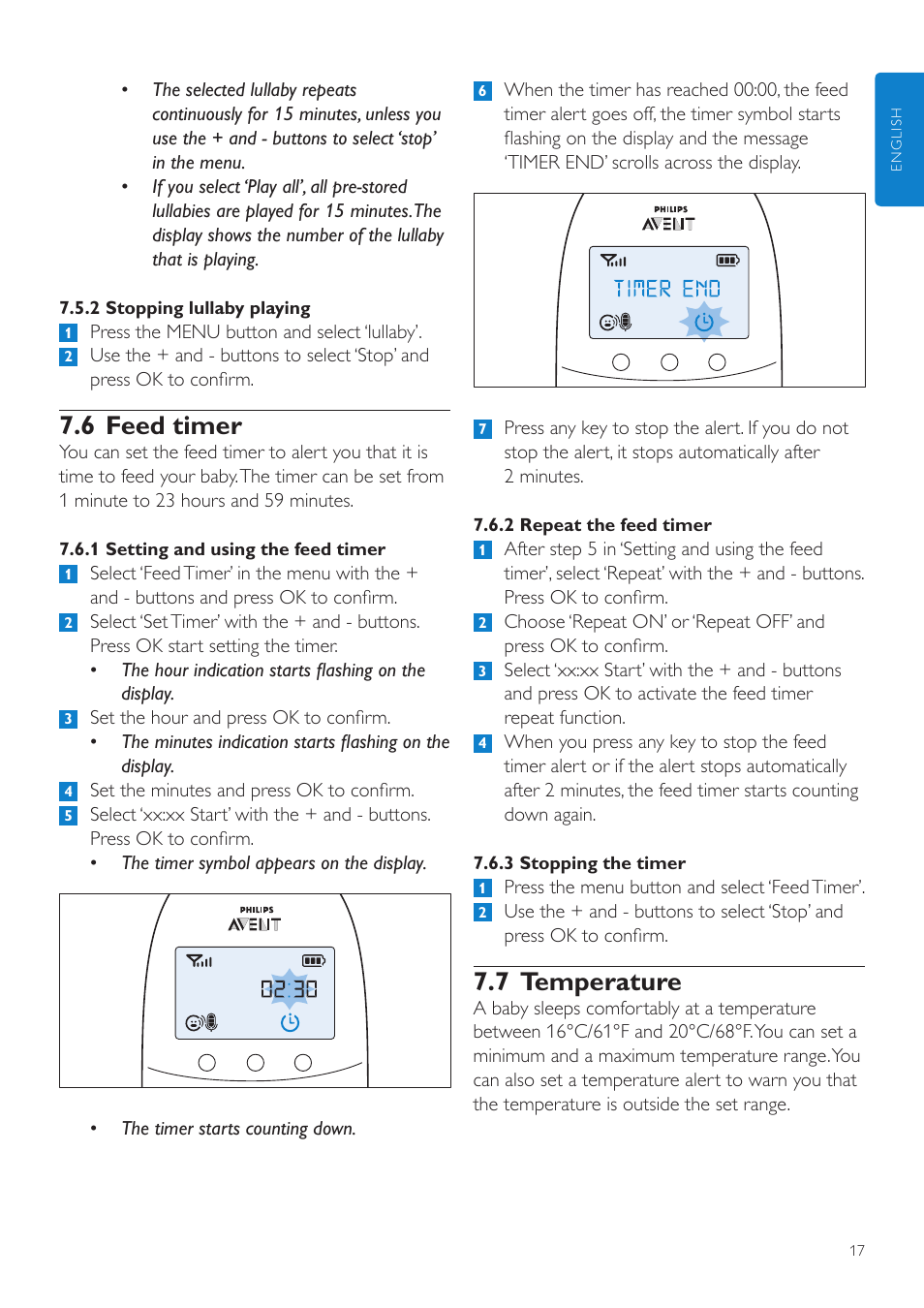 7 temperature, 6 feed timer | Philips AVENT Écoute-bébé DECT User Manual | Page 17 / 294