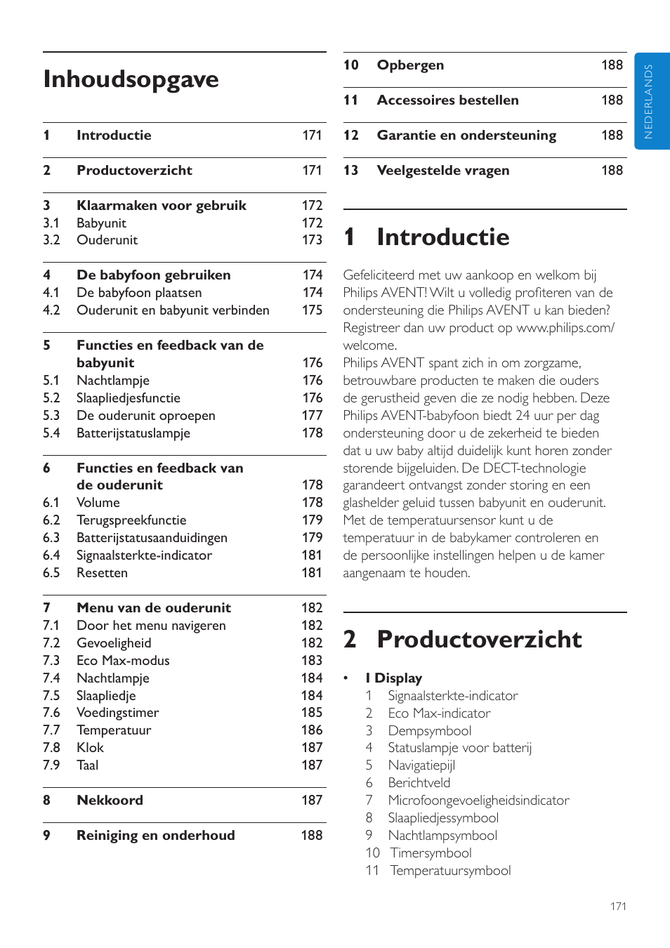 Nederlands, Nl gebruiksaanwijzing, 1 introductie | 2 productoverzicht, Inhoudsopgave | Philips AVENT Écoute-bébé DECT User Manual | Page 171 / 294