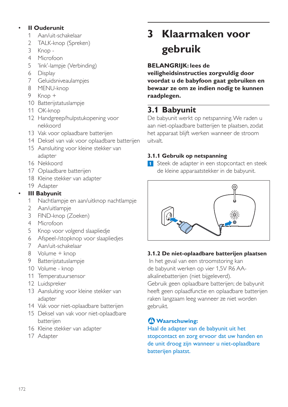 3 klaarmaken voor gebruik, 1 babyunit | Philips AVENT Écoute-bébé DECT User Manual | Page 172 / 294