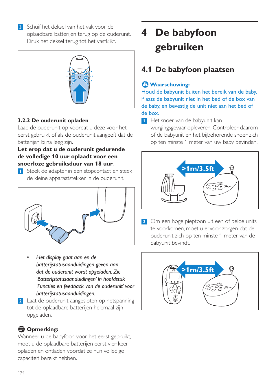 4 de babyfoon gebruiken, 1 de babyfoon plaatsen | Philips AVENT Écoute-bébé DECT User Manual | Page 174 / 294