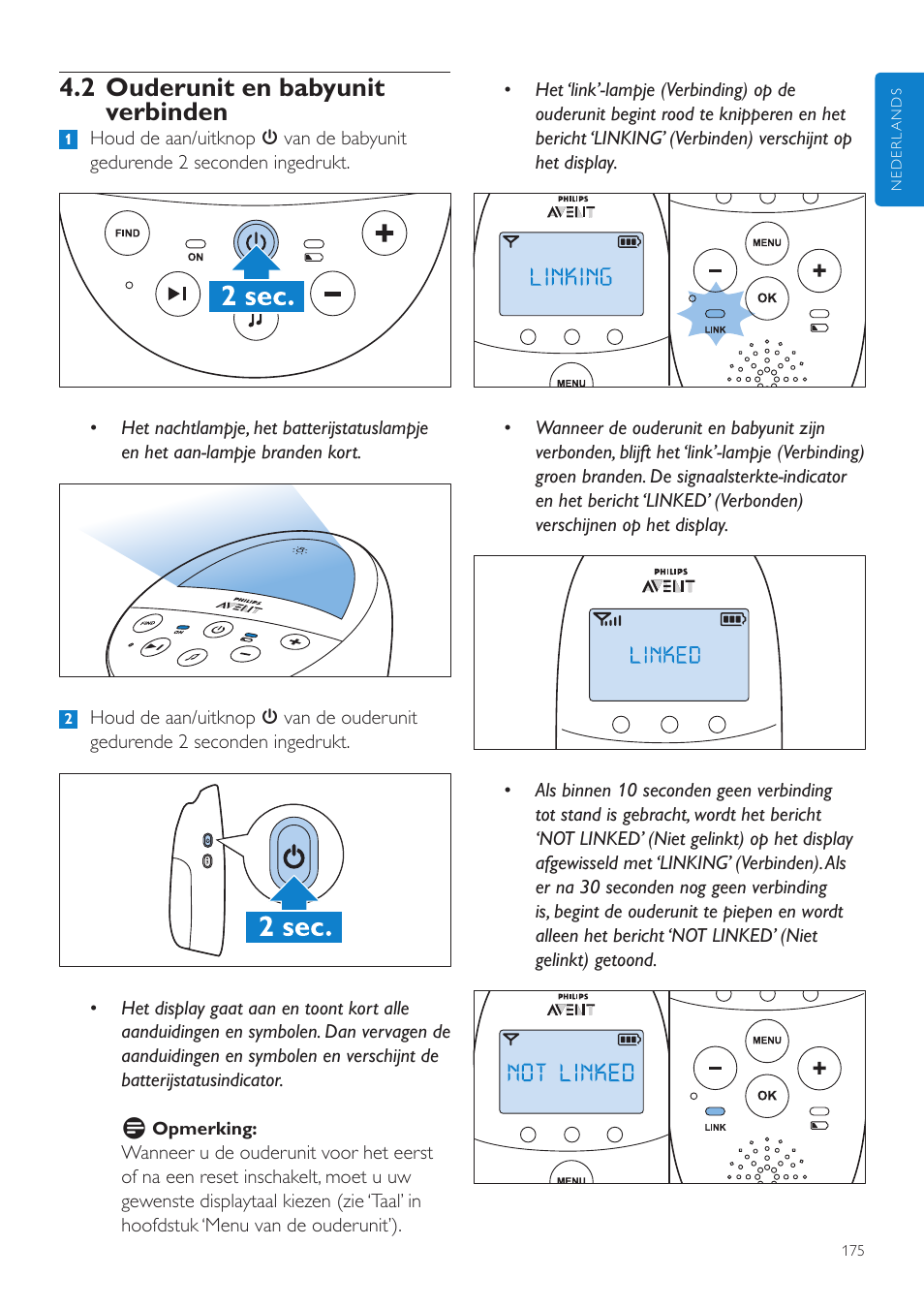 2 ouderunit en babyunit verbinden | Philips AVENT Écoute-bébé DECT User Manual | Page 175 / 294