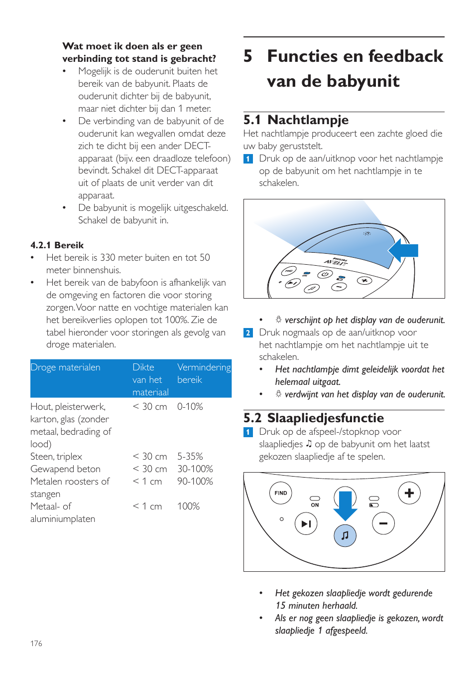 5 functies en feedback van de babyunit, 1 nachtlampje, 2 slaapliedjesfunctie | Philips AVENT Écoute-bébé DECT User Manual | Page 176 / 294