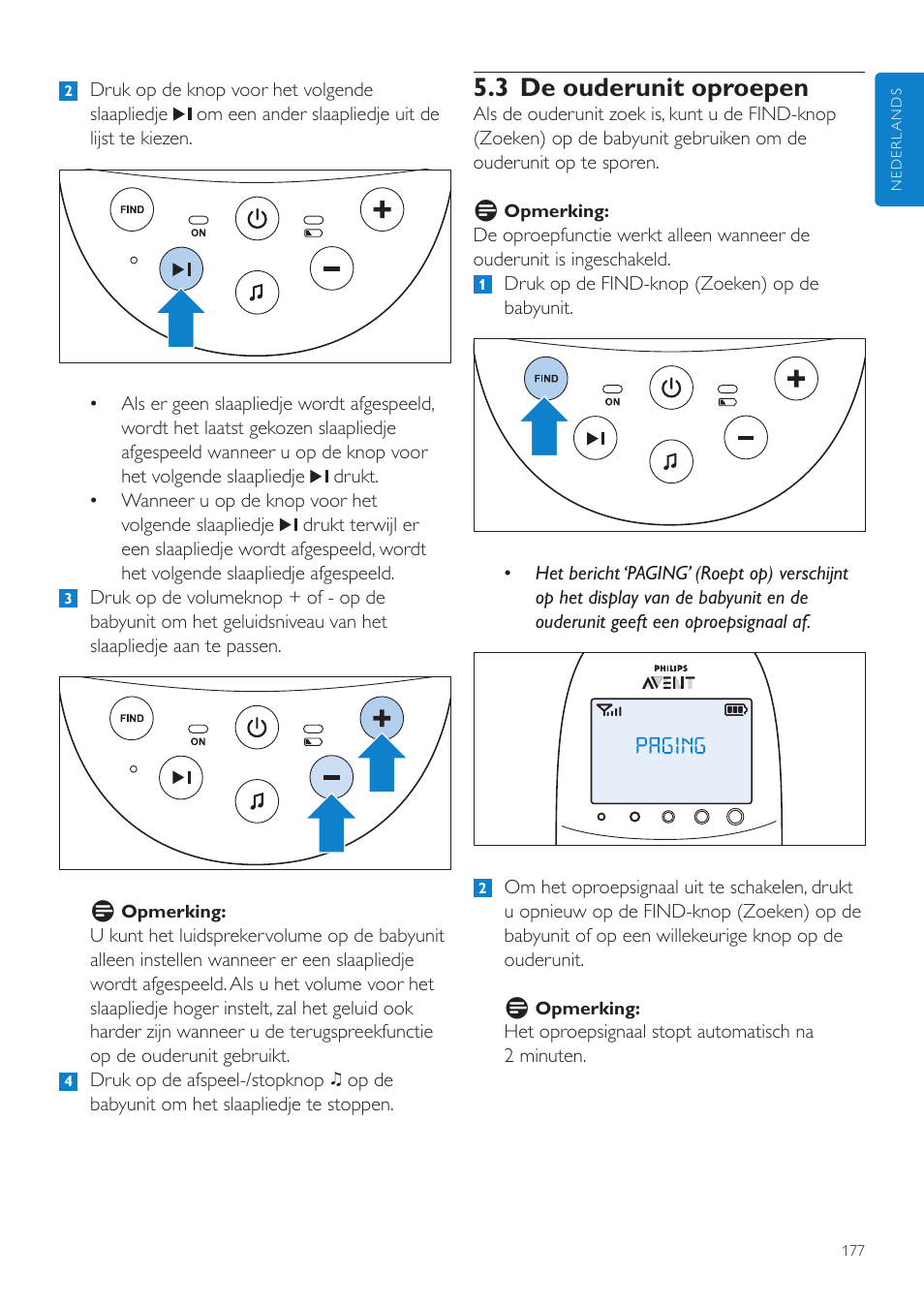 3 de ouderunit oproepen | Philips AVENT Écoute-bébé DECT User Manual | Page 177 / 294