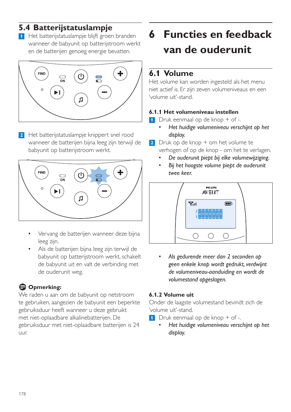 6 functies en feedback van de ouderunit, 1 volume, 4 batterijstatuslampje | Philips AVENT Écoute-bébé DECT User Manual | Page 178 / 294