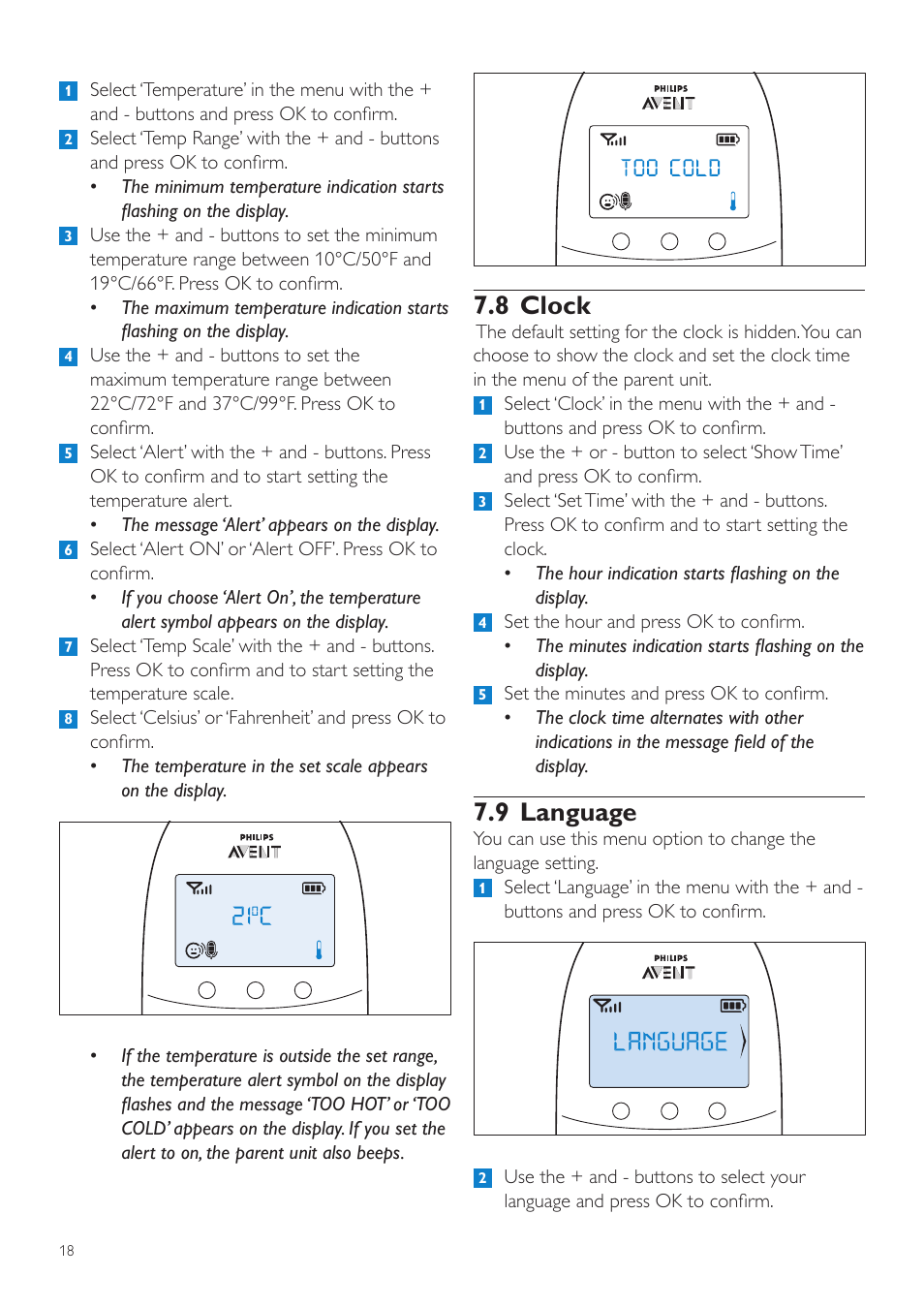 8 clock, 9 language | Philips AVENT Écoute-bébé DECT User Manual | Page 18 / 294